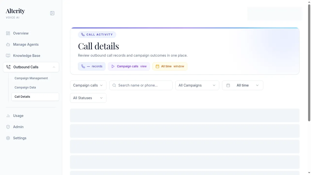 Alterity call details dashboard with campaign, status, and date filters