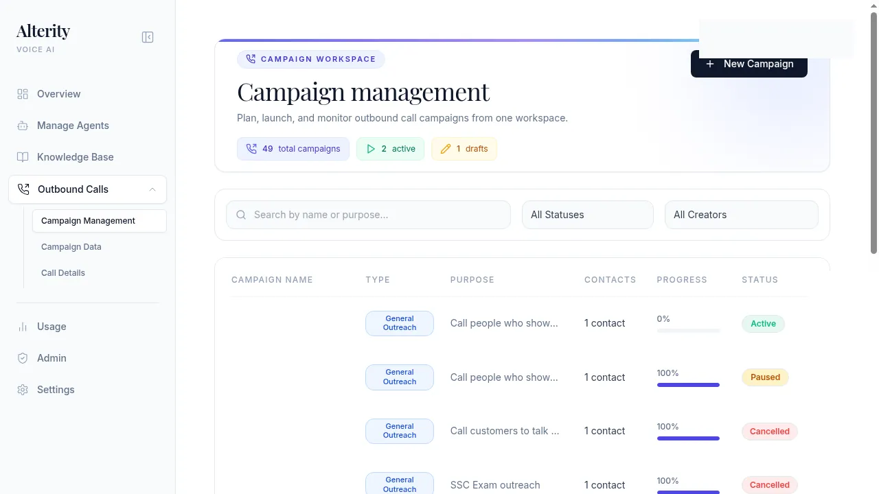 Alterity campaign management dashboard with status and progress controls