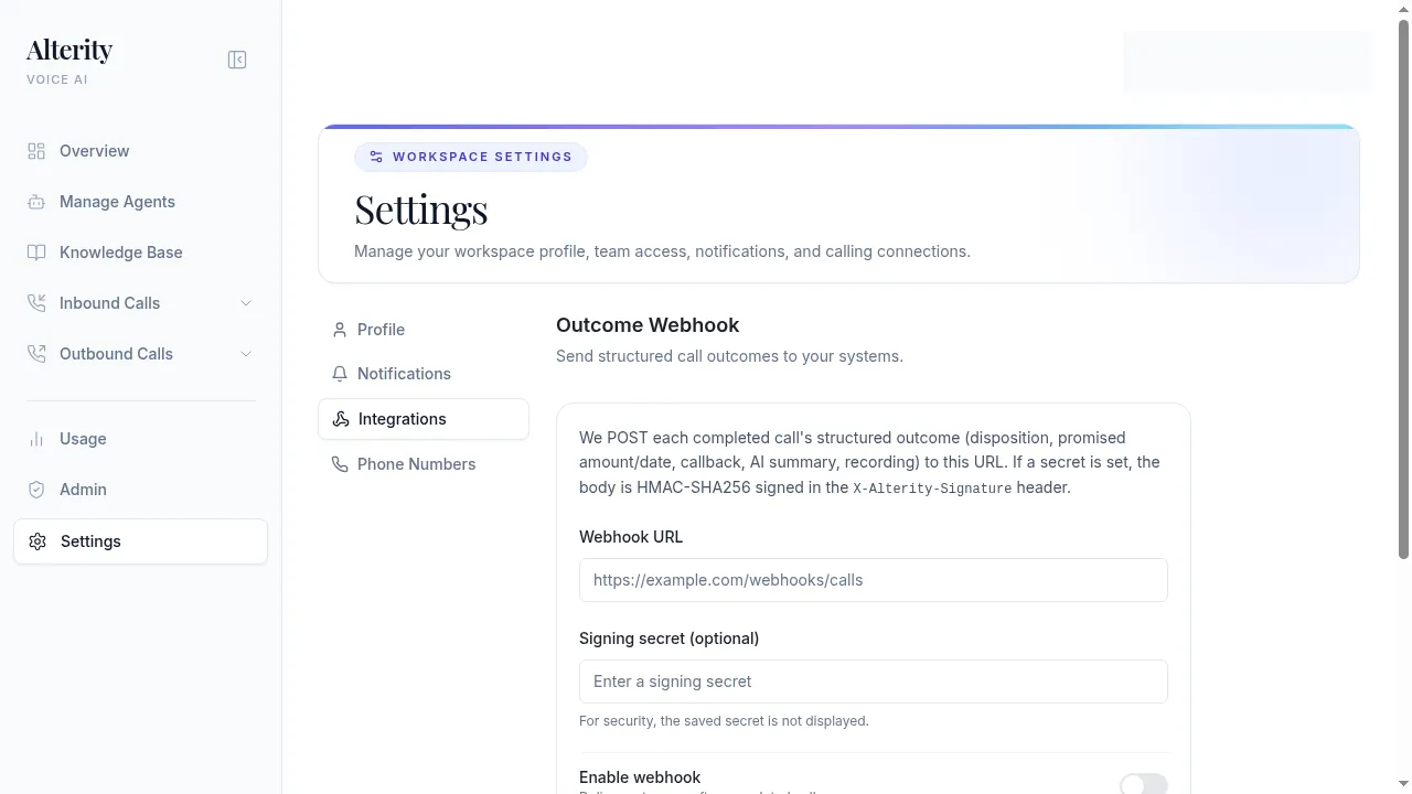 Alterity workspace integration settings for structured call outcome webhooks