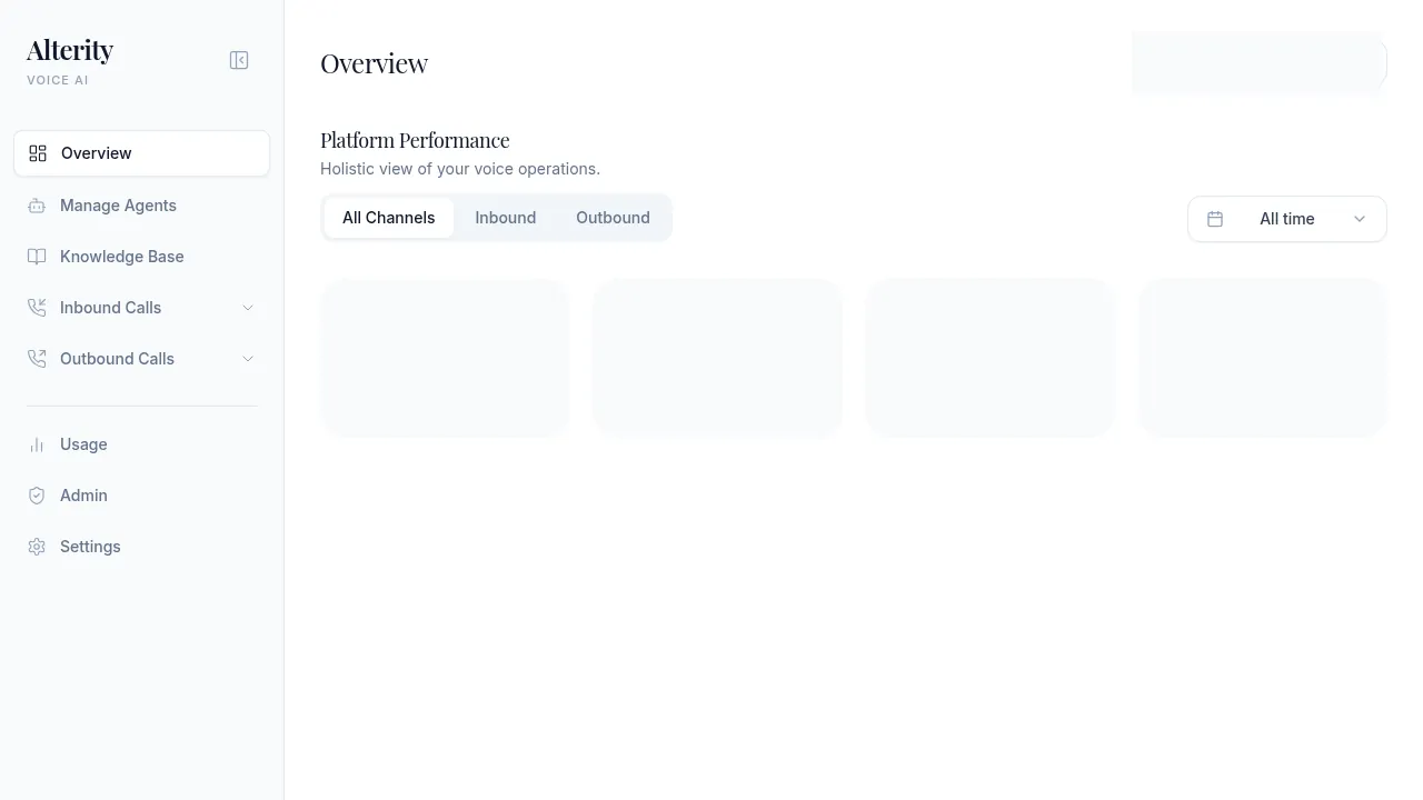 Alterity overview dashboard with channel controls and performance cards