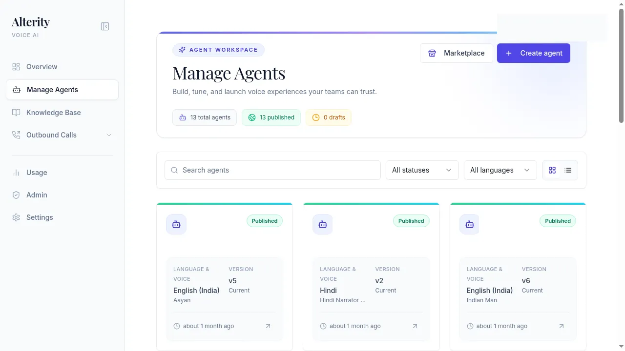 Alterity agent workspace showing published voice agents and language settings